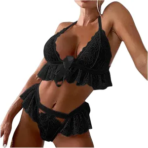 2 Piece Lingerie for Women Lace Babydoll Mesh Nightwear Chemise Nightie Babydoll Set Push Up Bralette Mini Skirt Set