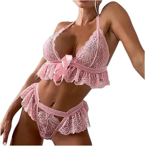 2 Piece Lingerie for Women Lace Babydoll Mesh Nightwear Chemise Nightie Babydoll Set Push Up Bralette Mini Skirt Set
