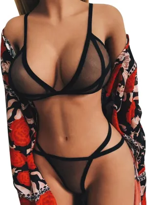 2 Piece Lingerie for Women Mesh Lace Bra and Panty Trendy Set Underwire Bralette Set Strappy Babydoll Bodysuit