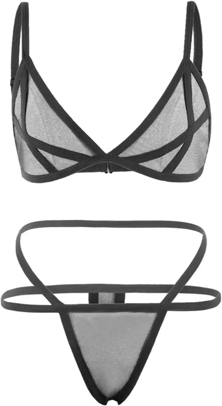 2 Piece Lingerie for Women Mesh Lace Bra and Panty Trendy Set Underwire Bralette Set Strappy Babydoll Bodysuit