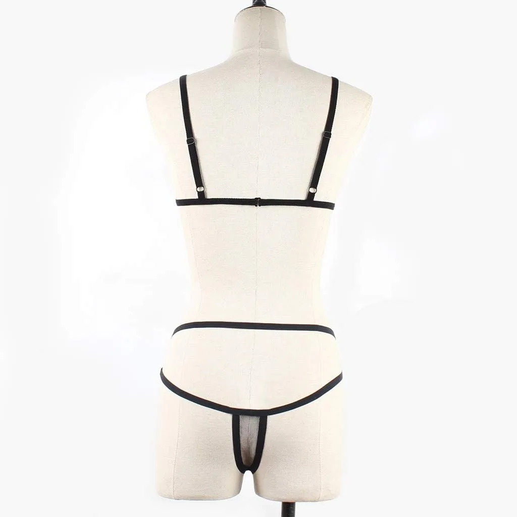 2 Piece Lingerie for Women Mesh Lace Bra and Panty Trendy Set Underwire Bralette Set Strappy Babydoll Bodysuit