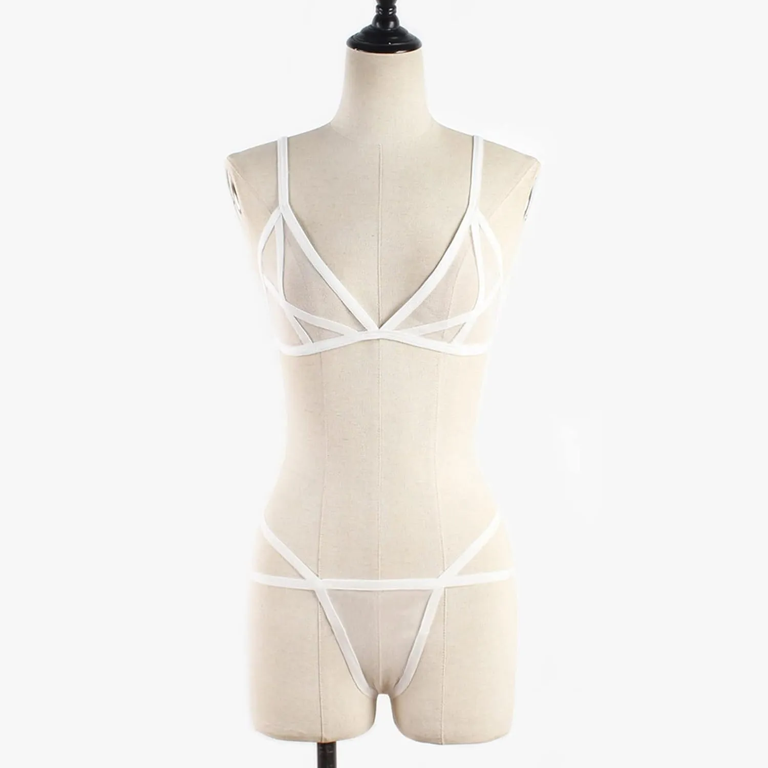 2 Piece Lingerie for Women Mesh Lace Bra and Panty Trendy Set Underwire Bralette Set Strappy Babydoll Bodysuit