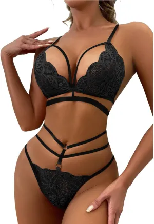 2 Piece Lingerie for Womens Lace Bralette Babydoll Sexy V Neck Bra and Panty Sets Teddy Bodysuit Sleepwear Nightwear