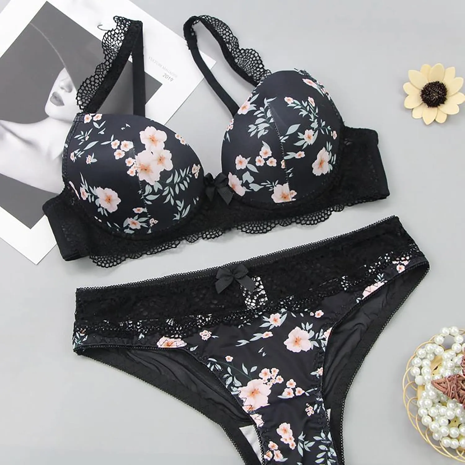 2 Piece Lingeries for Women Sexy Bralette and Panty Sets Floral Lace Push Up Bra Naughty Underwire Boudoir Outfits