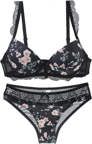 2 Piece Lingeries for Women Sexy Bralette and Panty Sets Floral Lace Push Up Bra Naughty Underwire Boudoir Outfits