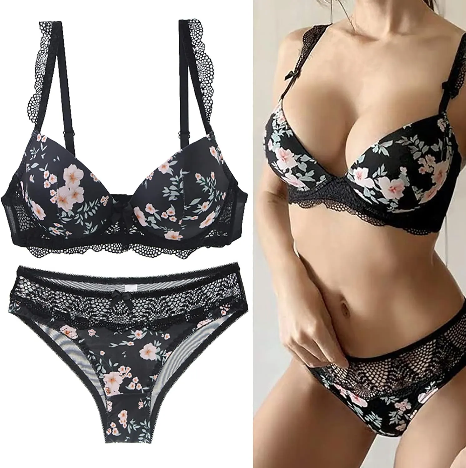 2 Piece Lingeries for Women Sexy Bralette and Panty Sets Floral Lace Push Up Bra Naughty Underwire Boudoir Outfits