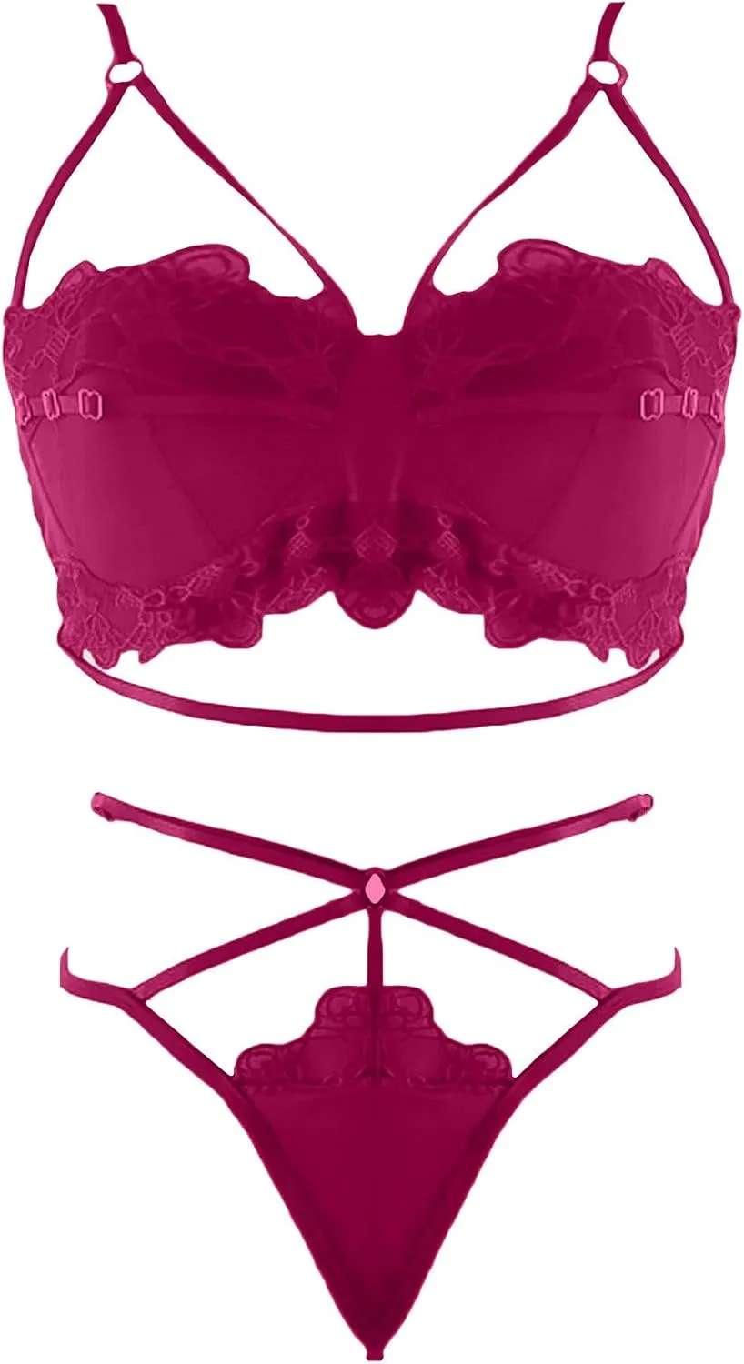 2 Piece Women's Lace Bralette Strappy Lingerie Set Sexy Bra and Panty Set Mesh Babydoll Bodysuit Underwear Negligee Hot Pink
