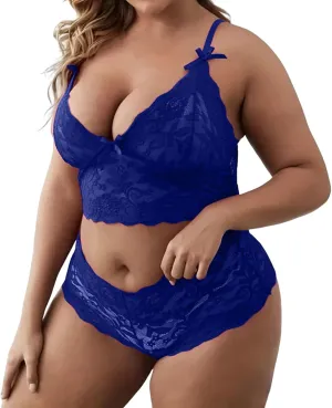 2 Piece Women's Lingerie Set Floral Lace Bralette and Panty Underwear Plus Size