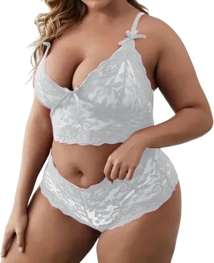 2 Piece Women's Lingerie Set Floral Lace Bralette and Panty Underwear Plus Size