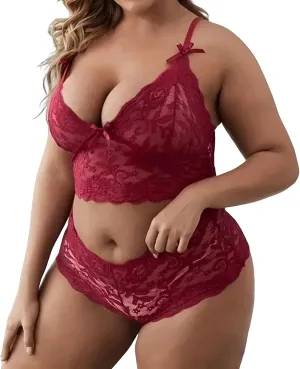 2 Piece Women's Lingerie Set Floral Lace Bralette and Panty Underwear Plus Size