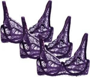2PC/3PC See Through Bras for Women Sparkly Sexy Lace Underwire Full Coverage Unlined Bras Push Up Everyday Bra