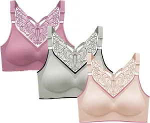 3 Pcs Women's Push Up Bra Lace Butterfly Back Push Up Non Padded Wirefree Bras Sexy Plunge Bralette Seamless Yoga Bras