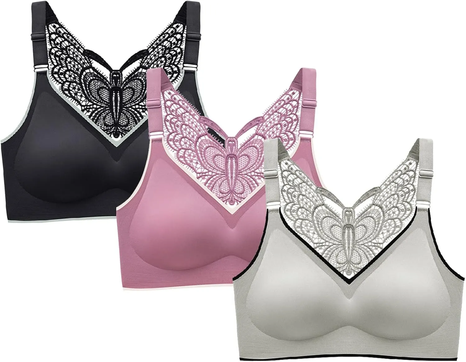 3 Pcs Women's Push Up Bra Lace Butterfly Back Push Up Non Padded Wirefree Bras Sexy Plunge Bralette Seamless Yoga Bras
