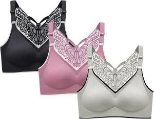 3 Pcs Women's Push Up Bra Lace Butterfly Back Push Up Non Padded Wirefree Bras Sexy Plunge Bralette Seamless Yoga Bras