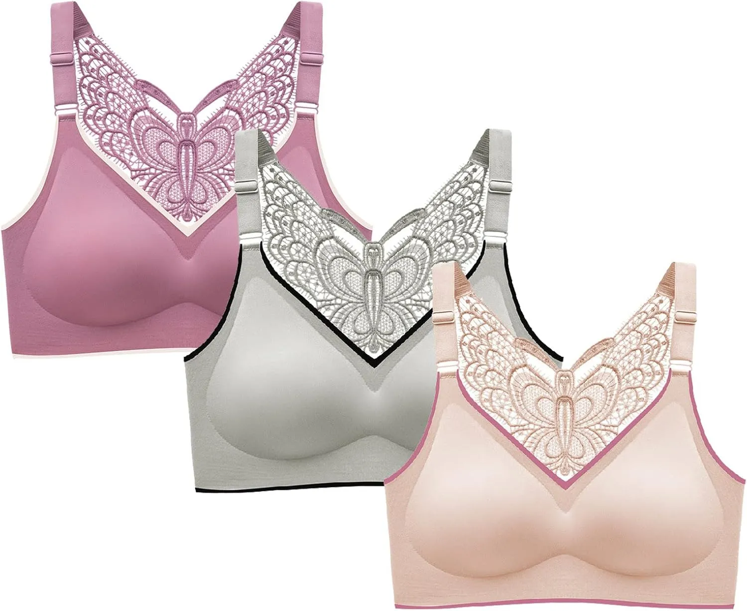 3 Pcs Women's Push Up Bra Lace Butterfly Back Push Up Non Padded Wirefree Bras Sexy Plunge Bralette Seamless Yoga Bras