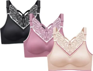3 Pcs Women's Push Up Bra Lace Butterfly Back Push Up Non Padded Wirefree Bras Sexy Plunge Bralette Seamless Yoga Bras
