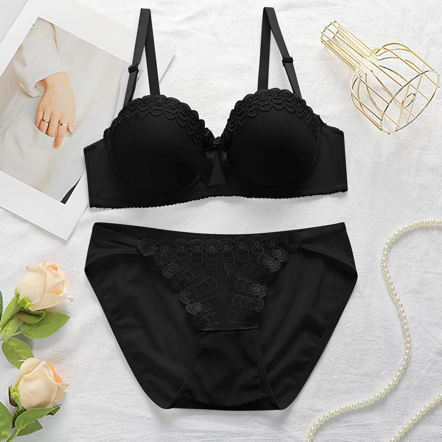 Akklian Sexy Lingerie for Women Lace Matching Bra and Panty Sets Push Up Gathered Underwire Bralette 2 Piece Lingerie Set
