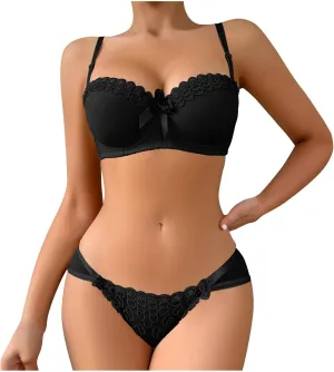 Akklian Sexy Lingerie for Women Lace Matching Bra and Panty Sets Push Up Gathered Underwire Bralette 2 Piece Lingerie Set