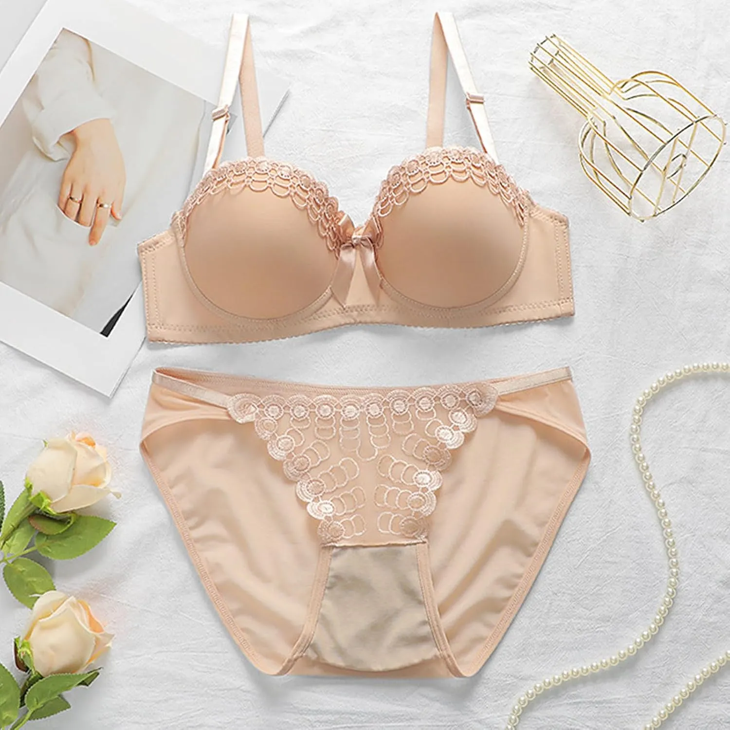 Akklian Sexy Lingerie for Women Lace Matching Bra and Panty Sets Push Up Gathered Underwire Bralette 2 Piece Lingerie Set