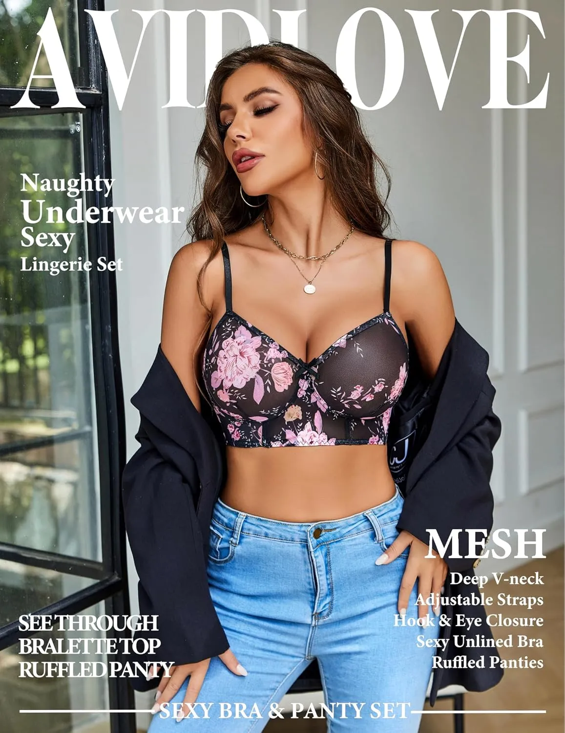 Avidlove Women's Lingerie Sexy Mesh Bralette And Panty Sets 2 Pieces Matching Underwear Outfits S-XXL