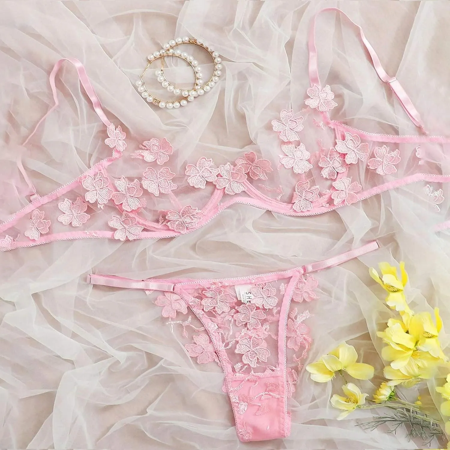 Baby-Doll Lingerie for Women Embroidery Bustier Bralette Bra Lingerie Lace Sexy G-String Thong Flowers (Pink, S)