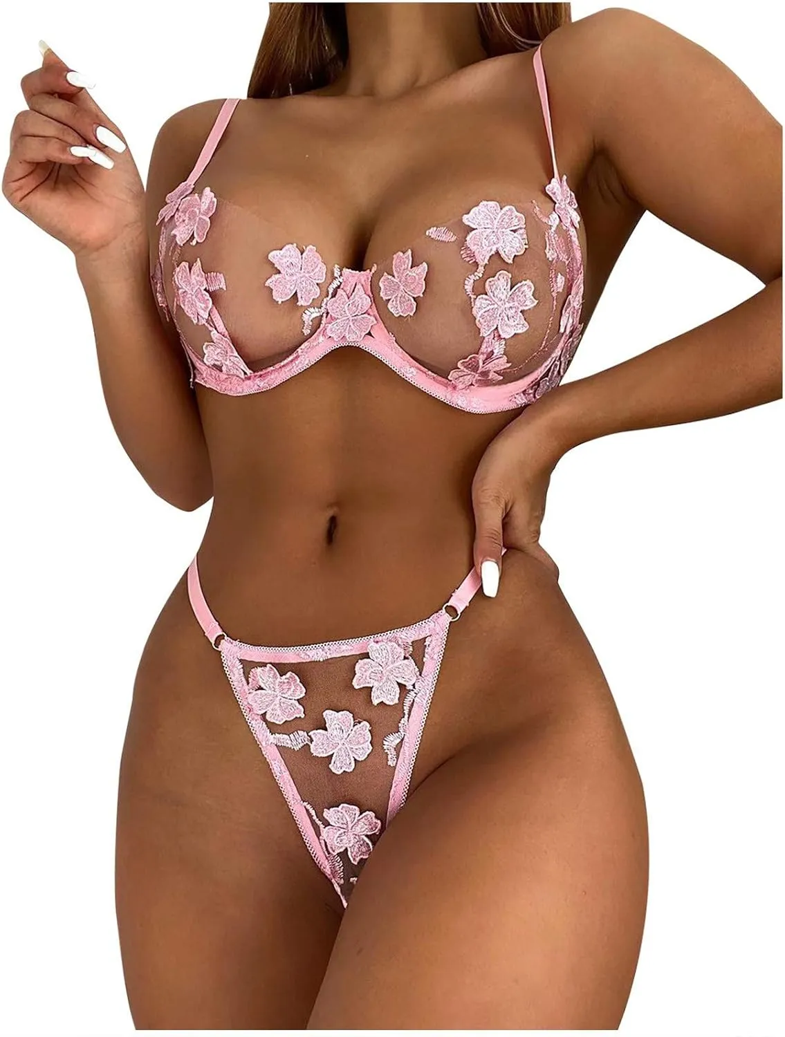 Baby-Doll Lingerie for Women Embroidery Bustier Bralette Bra Lingerie Lace Sexy G-String Thong Flowers (Pink, S)