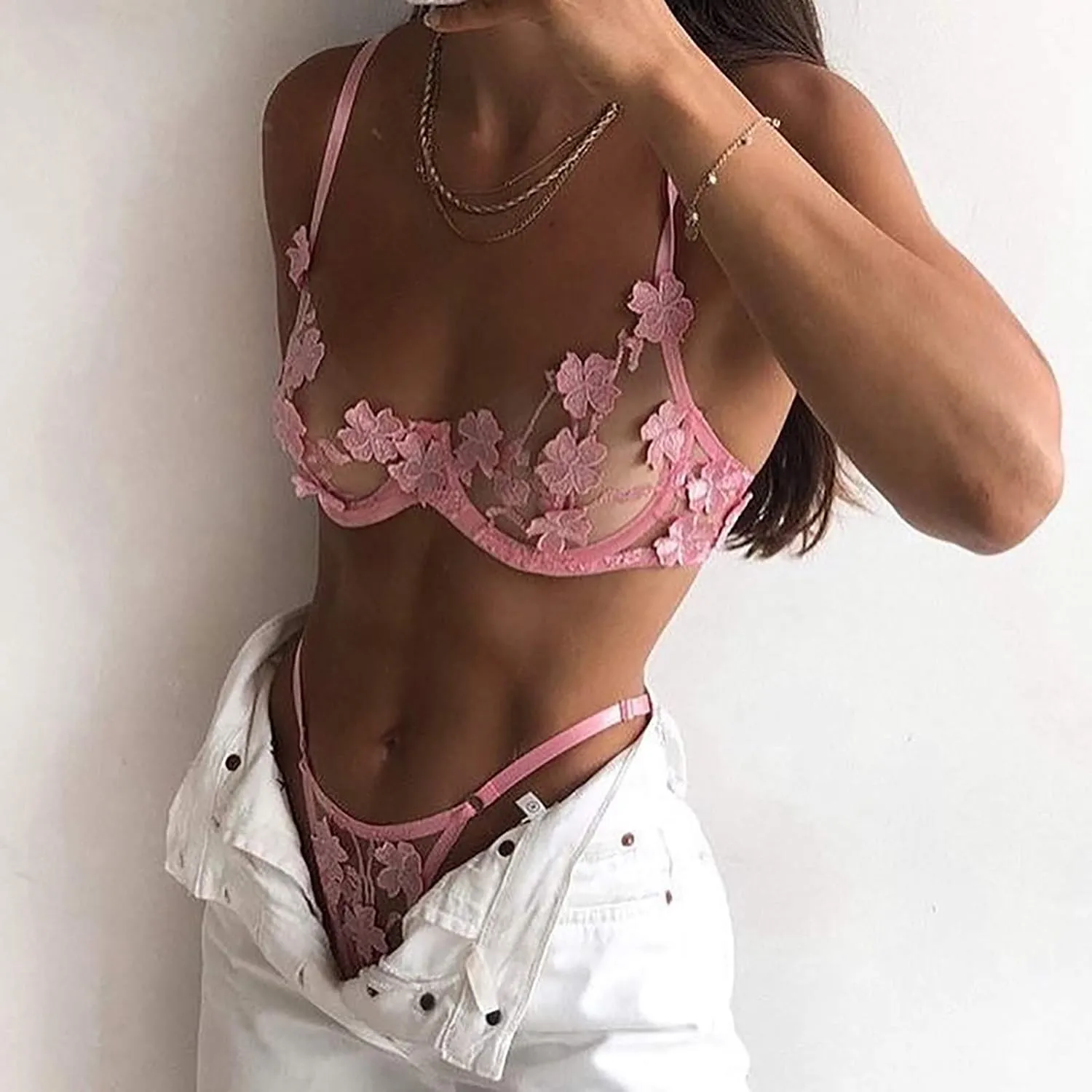 Baby-Doll Lingerie for Women Embroidery Bustier Bralette Bra Lingerie Lace Sexy G-String Thong Flowers (Pink, S)