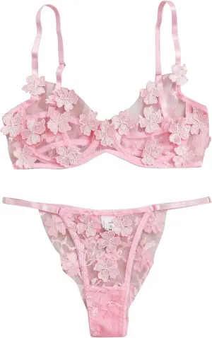 Baby-Doll Lingerie for Women Embroidery Bustier Bralette Bra Lingerie Lace Sexy G-String Thong Flowers (Pink, S)