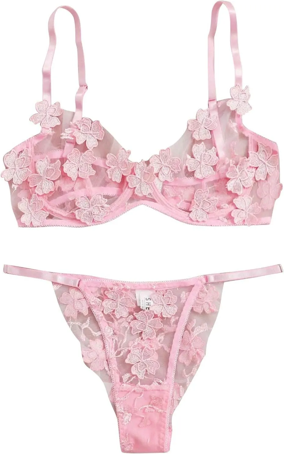 Baby-Doll Lingerie for Women Embroidery Bustier Bralette Bra Lingerie Lace Sexy G-String Thong Flowers (Pink, S)