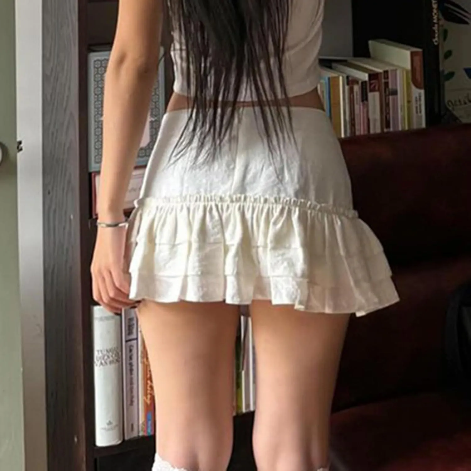 Bow Pleated Mini Skirts for Women - Y2K Low Waist A-Line Skirt with Ruffle Hem, Lace Trim, and Cross Tie Detail