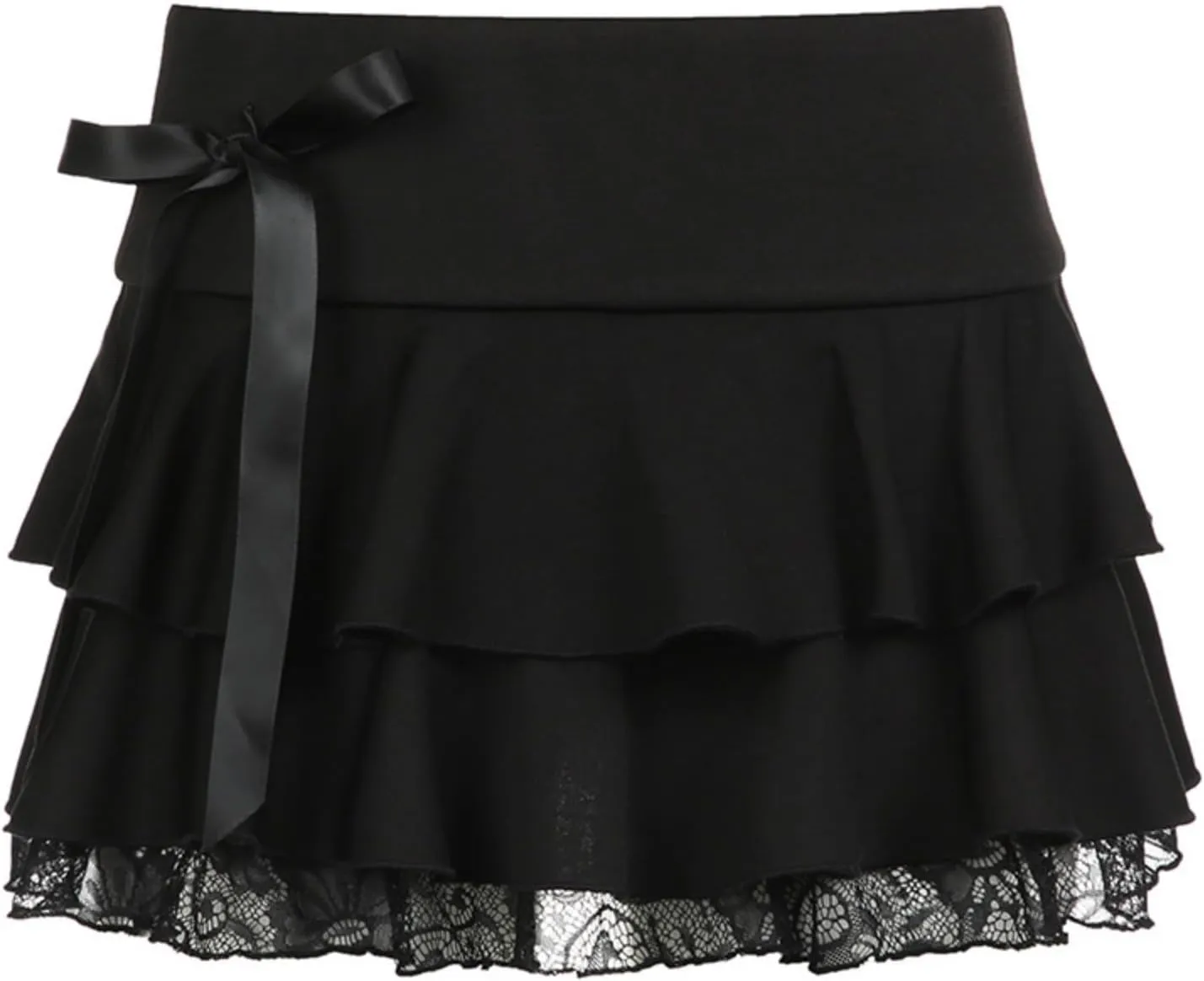 Bow Pleated Mini Skirts for Women - Y2K Low Waist A-Line Skirt with Ruffle Hem, Lace Trim, and Cross Tie Detail