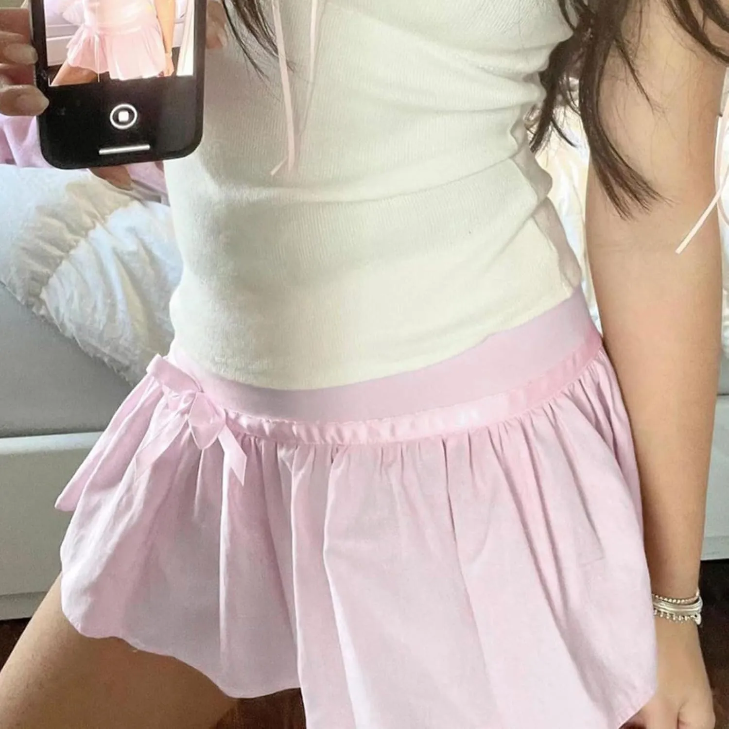 Bow Pleated Mini Skirts for Women - Y2K Low Waist A-Line Skirt with Ruffle Hem, Lace Trim, and Cross Tie Detail