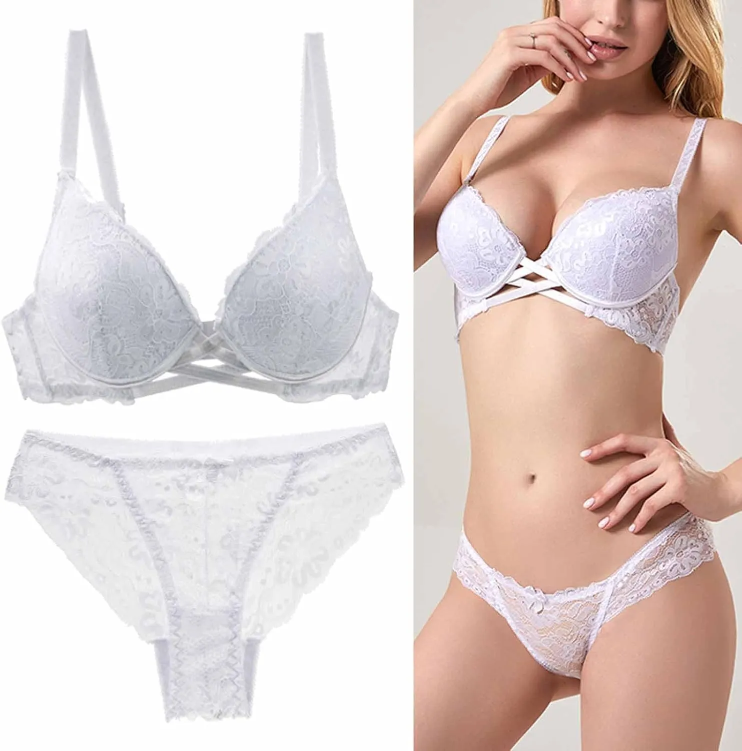 BTDECLAR Women Sexy Lingerie Set Full Coverage Push Up Lace Bralette Hipster Underwear See Through Underwire Bras Panty Set