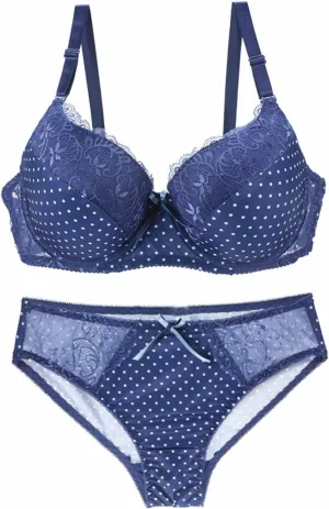 BTDECLAR Women Sexy Lingerie Set Polka Dots Lace Bralette Hipster Underwear Full Coverage Push Up Underwire Bras Panty Set