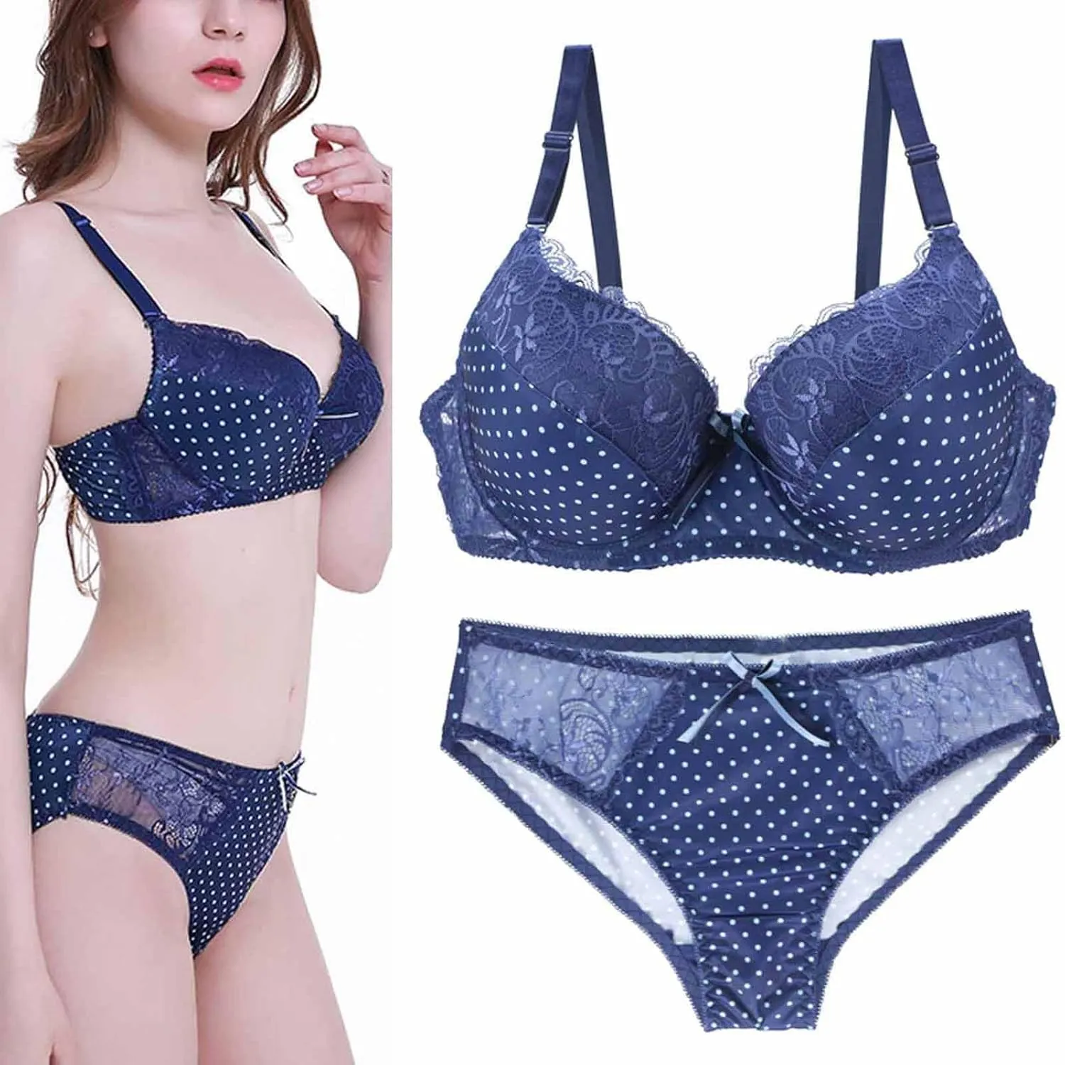 BTDECLAR Women Sexy Lingerie Set Polka Dots Lace Bralette Hipster Underwear Full Coverage Push Up Underwire Bras Panty Set