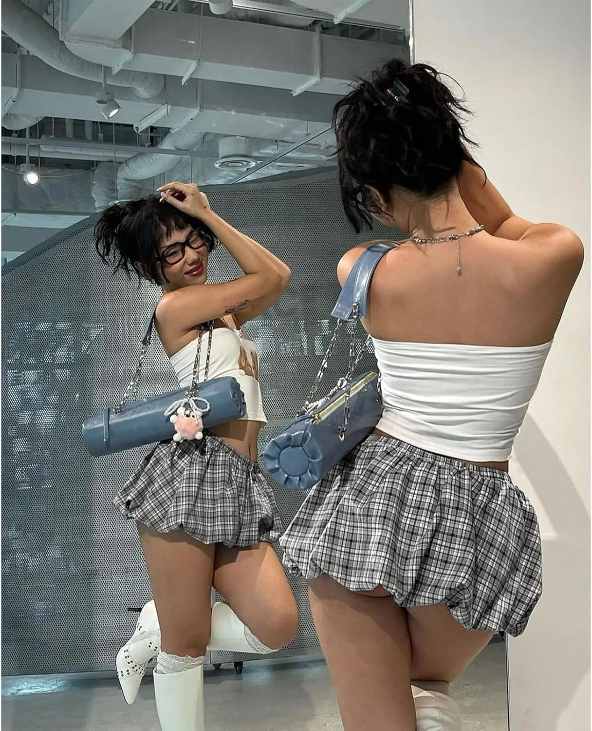 Bubble Skirts for Women - Low Rise Plaid Puffy Hem Going Out Y2k Summer Balloon Short Skirts Mini Skorts