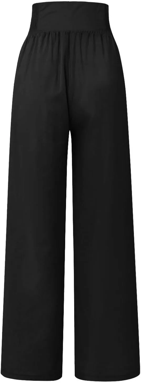 Business Casual Pants for Women, Cotton Linen Blend Wide Leg High Waisted Trouser, Breathable Flattering Fit Pants