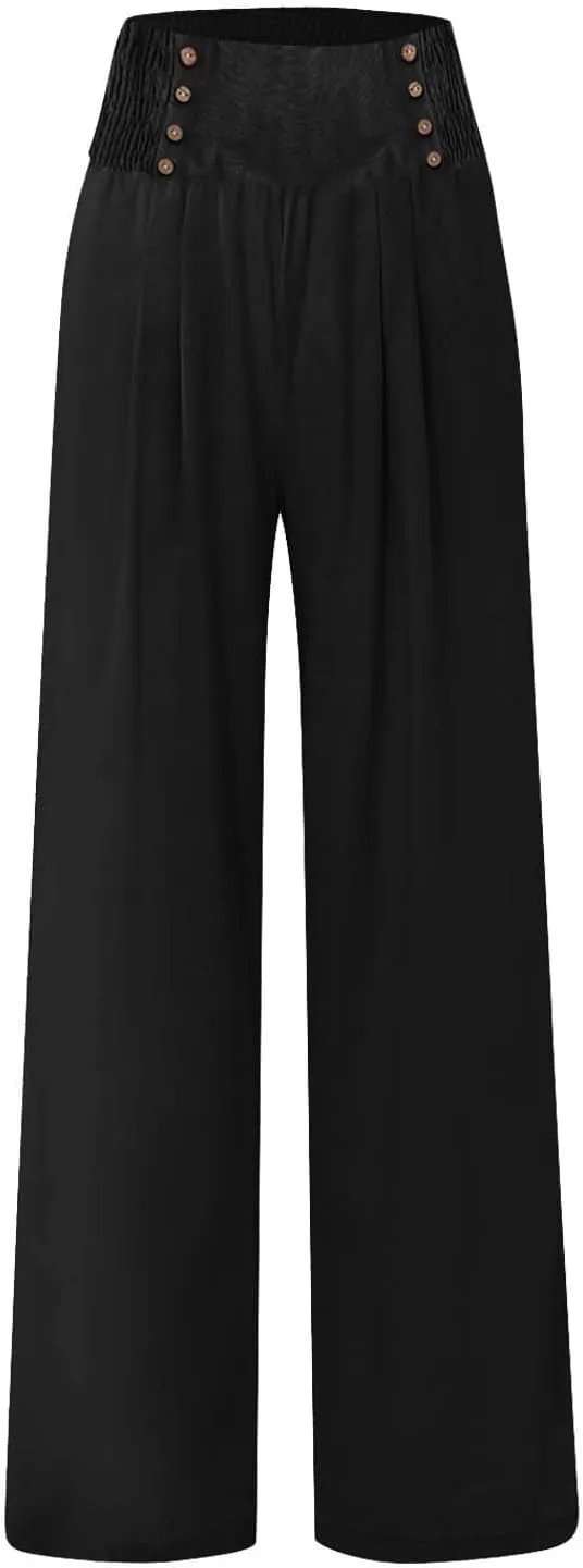Business Casual Pants for Women, Cotton Linen Blend Wide Leg High Waisted Trouser, Breathable Flattering Fit Pants