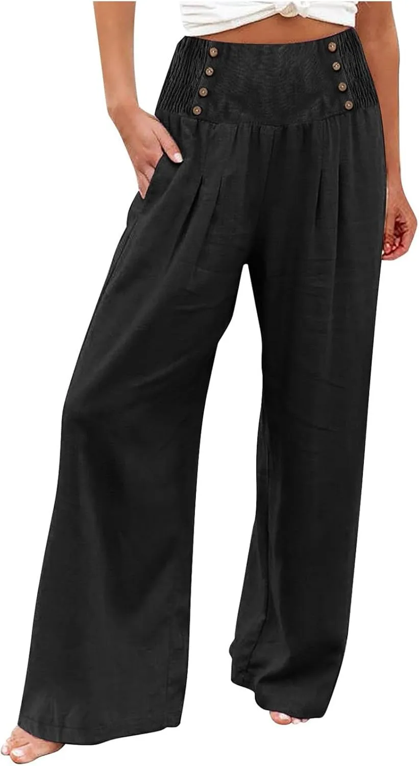 Business Casual Pants for Women, Cotton Linen Blend Wide Leg High Waisted Trouser, Breathable Flattering Fit Pants