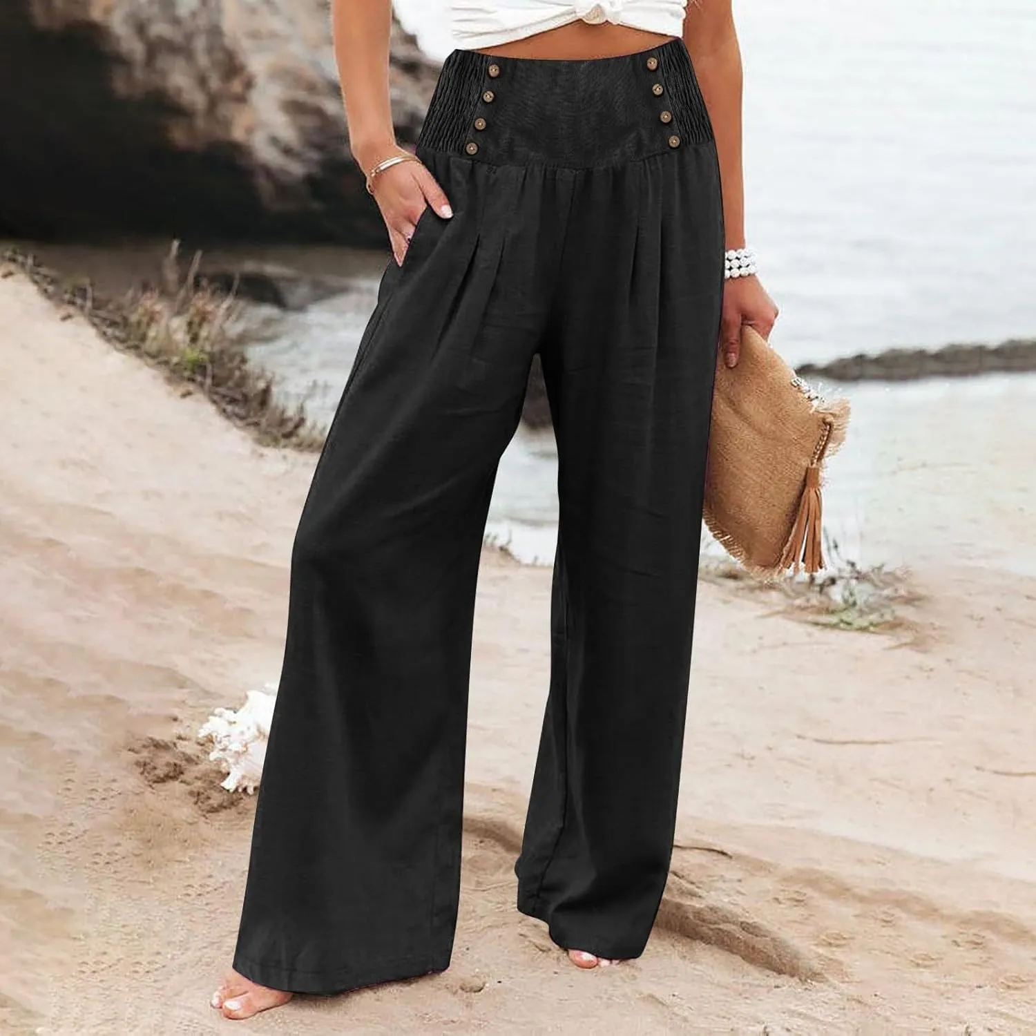 Business Casual Pants for Women, Cotton Linen Blend Wide Leg High Waisted Trouser, Breathable Flattering Fit Pants
