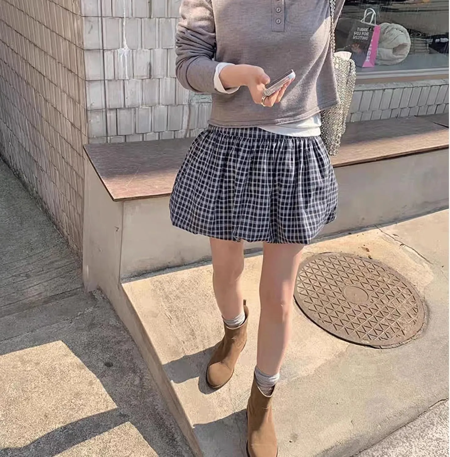 CHARTOU Women's Summer Y2K Bubble Mini Skirt Elastic High Waist Ruffle Plaid Pleated Puffy Skirts