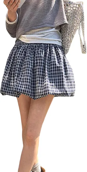 CHARTOU Women's Summer Y2K Bubble Mini Skirt Elastic High Waist Ruffle Plaid Pleated Puffy Skirts