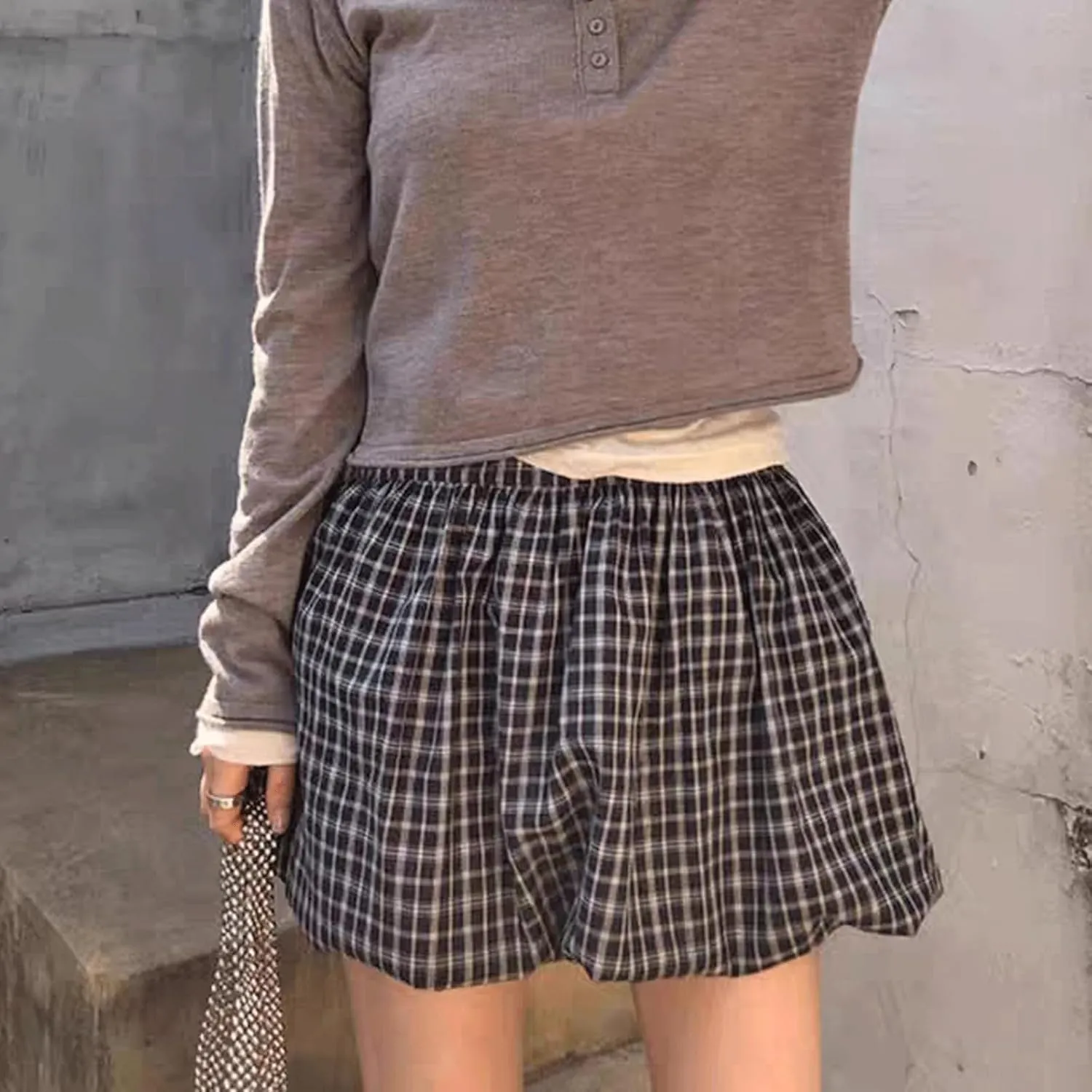 CHARTOU Women's Summer Y2K Bubble Mini Skirt Elastic High Waist Ruffle Plaid Pleated Puffy Skirts