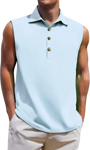 Cotton Linen Sleeveless Beach Shirts for Men Summer Casual Solid Polo Tank Top Spread Collar Button Down