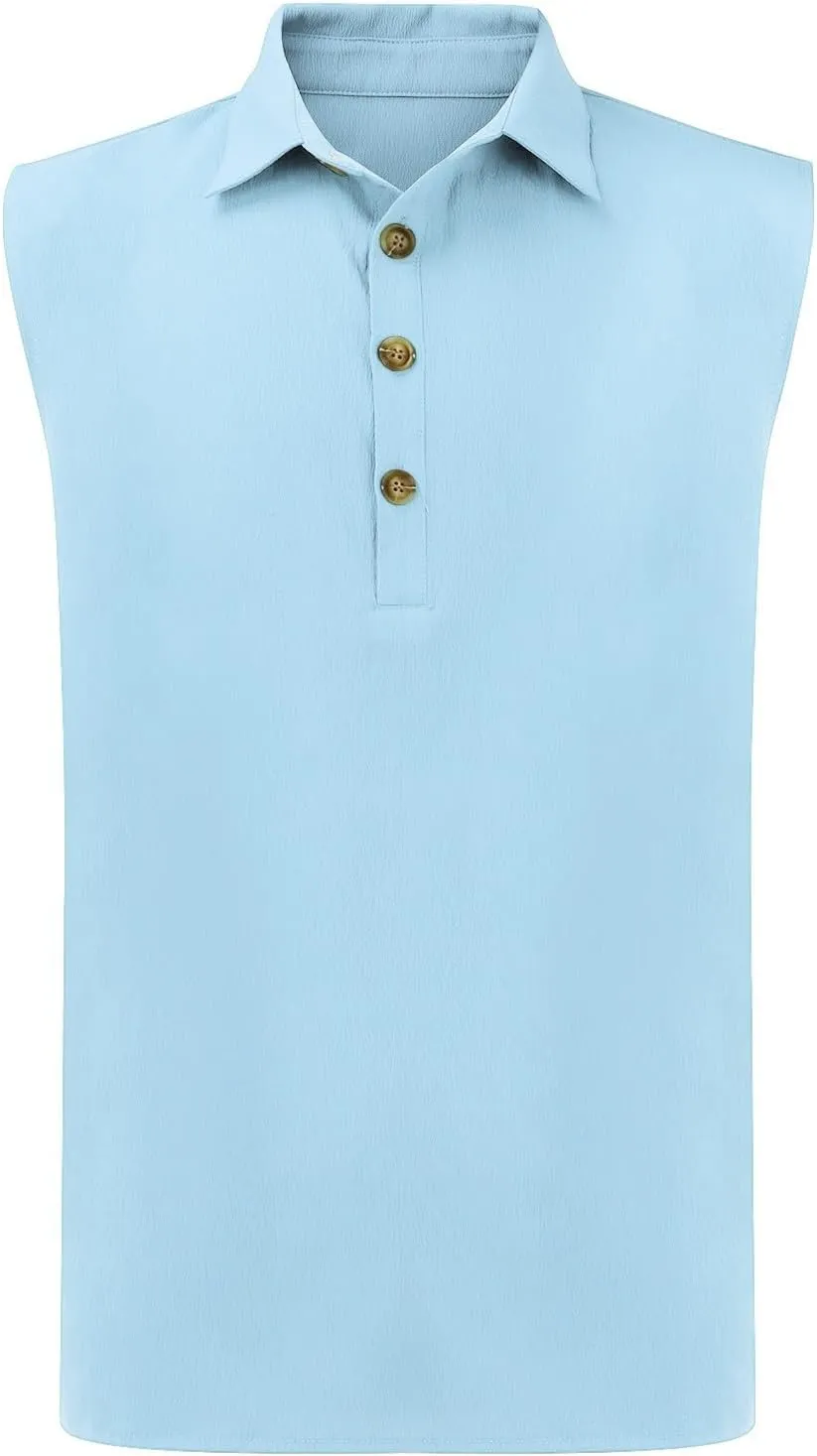 Cotton Linen Sleeveless Beach Shirts for Men Summer Casual Solid Polo Tank Top Spread Collar Button Down