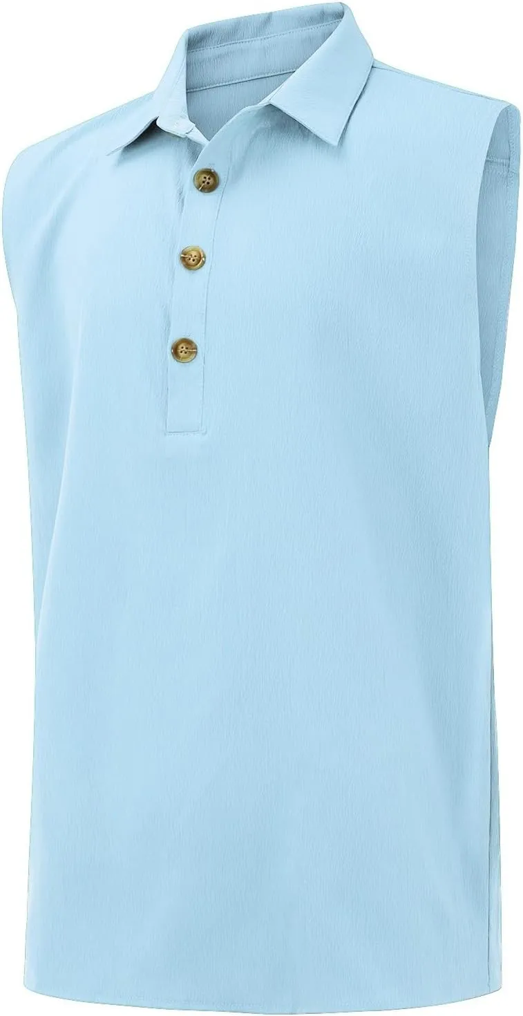Cotton Linen Sleeveless Beach Shirts for Men Summer Casual Solid Polo Tank Top Spread Collar Button Down