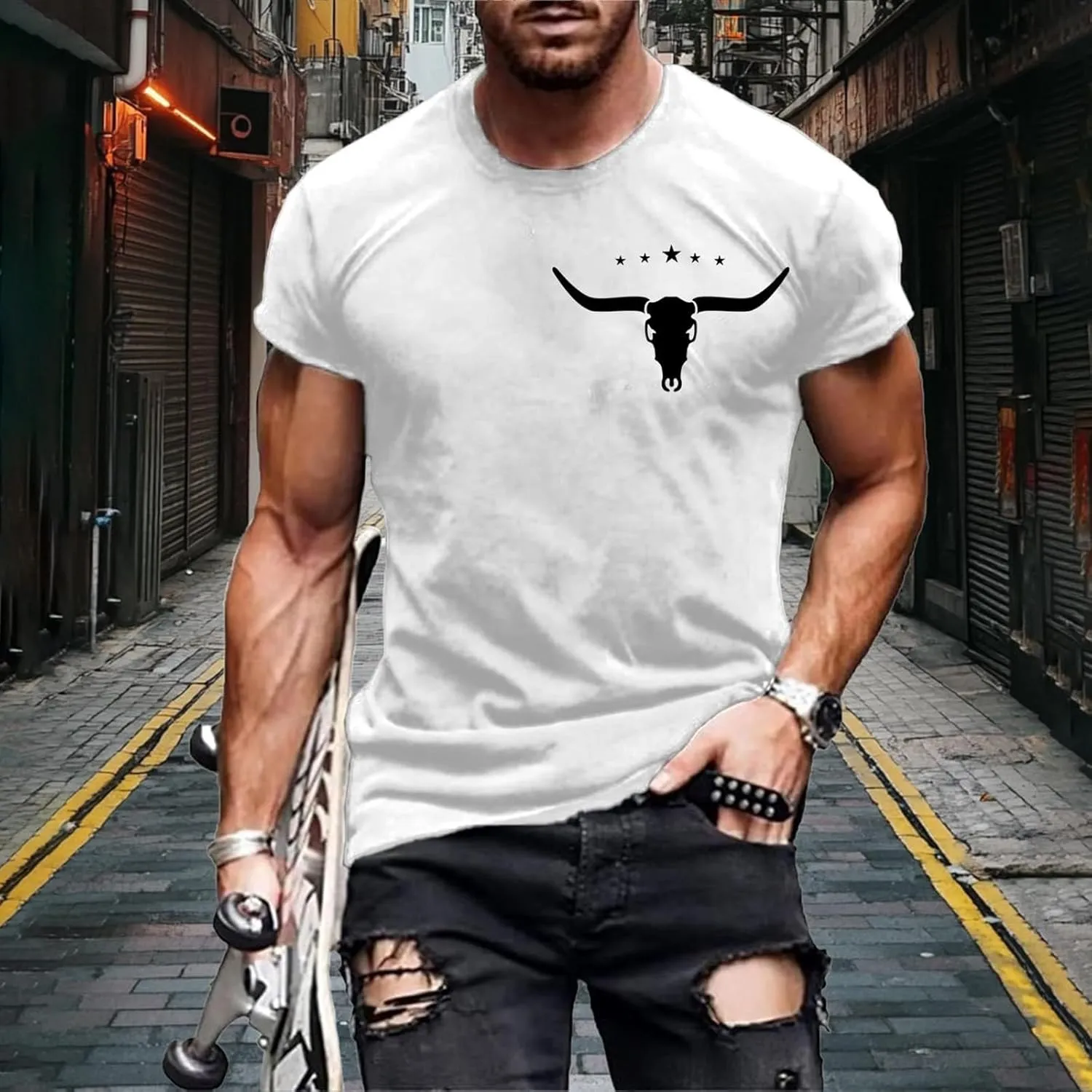Crewneck Vintage T Shirts for Men Slim Fit Short Sleeve 2025 Trendy Summer Graphic Tees Hip Hop Hipster Streetwear