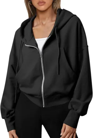 Cropped Zip Up Hoodie Women Fleece Jacket Y2k Oversized Sweatshirt Casual Loose Fit Crop Hoodie Workout Coats
