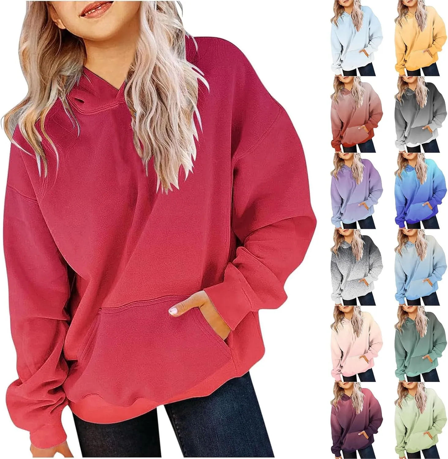 Cute Hoodies for Girls Oversized Long Sleeve Gradient Drawstring Hooded Sweatshirt Teen Girls Pullover Tops