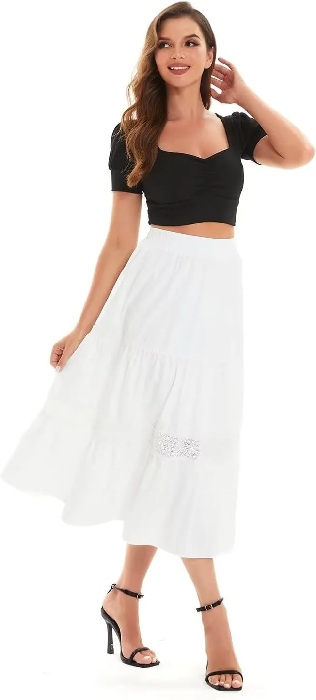DIASHINY Women's High Waist Elastic Waist A Line Solid Pleated Tiered Long Skirt